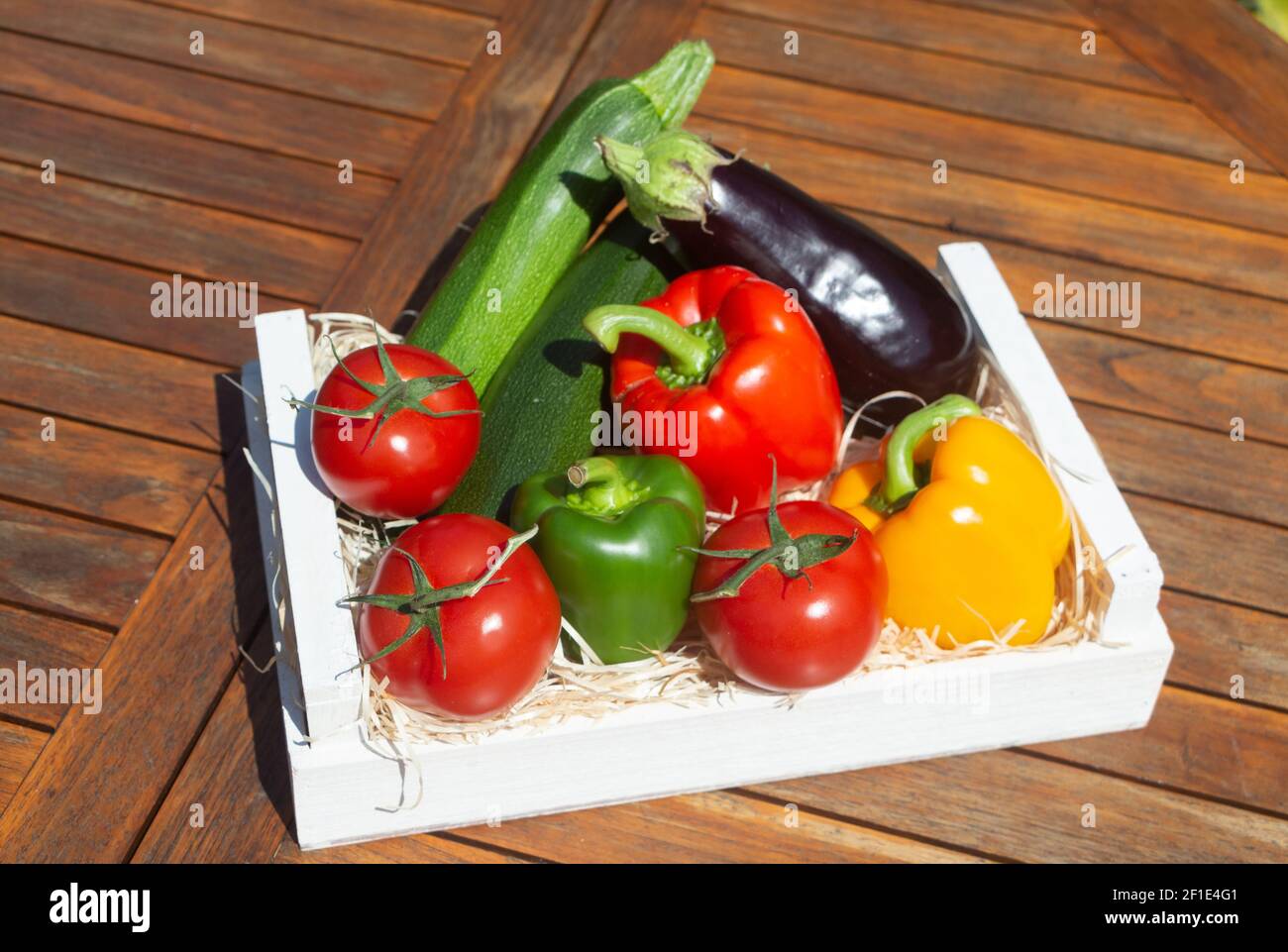 Pomodori, zucchine, peperoni, melanzane in una cassa dopo la raccolta in un orto Foto Stock