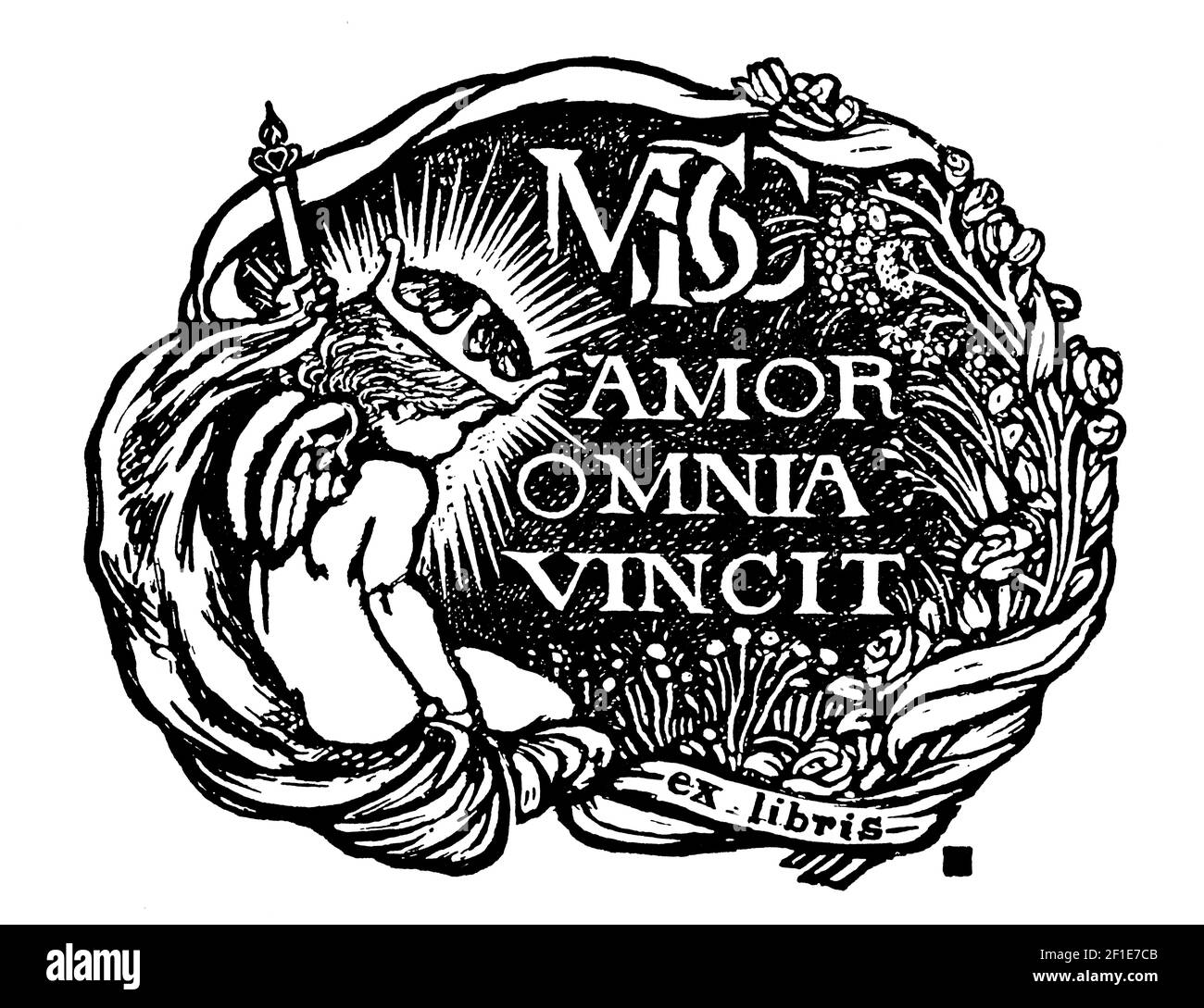 Omnia vincit amor, Love vince tutto, bookplate personale disegnata da Scots artista, tipografo, incisore e stampatore di legno, James Guthrie Foto Stock