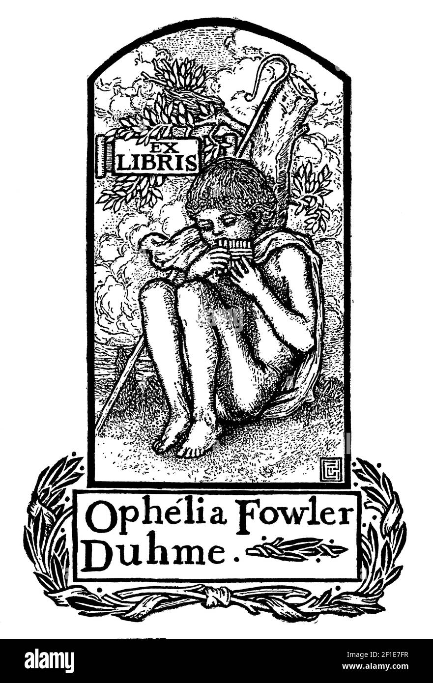 Shepherd boy suonando pan pipe bookplate per ereditiera americana Ophelia Fowler Duhme (1854-1921) di Scots artista, tipografo, incisore del legno An Foto Stock