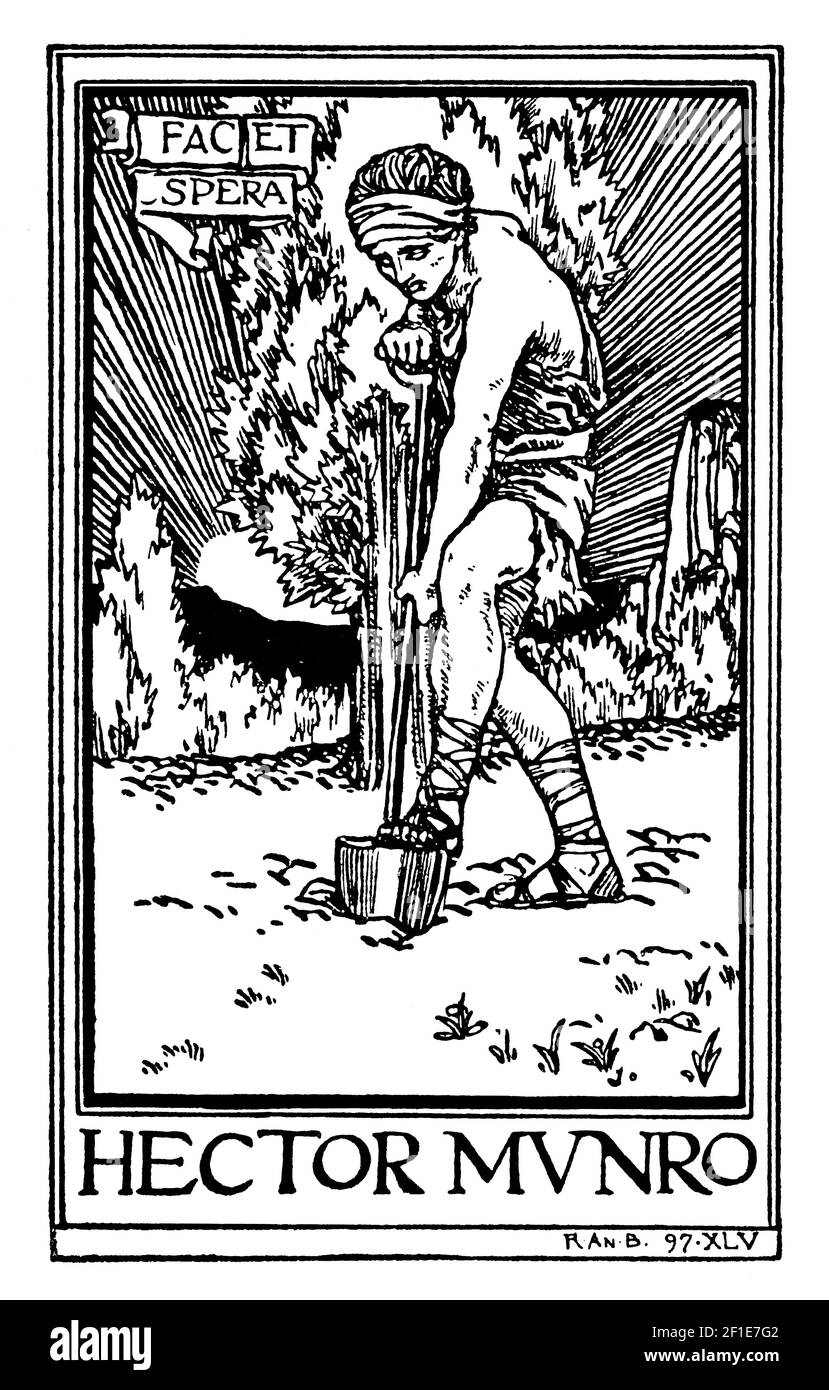 Hector Munro, uomo di scavo con motto fac latino et speranza, do and Hope, 1897 bookplate disegnata dall'illustratore britannico Robert Anning Bell Foto Stock
