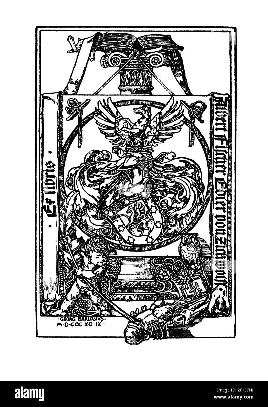 1899 bookplate armoriale in stile tradizionale disegnata per Albert Fischer Edler von Zickwolff dall'artista tedesco Georg Barlosius Foto Stock