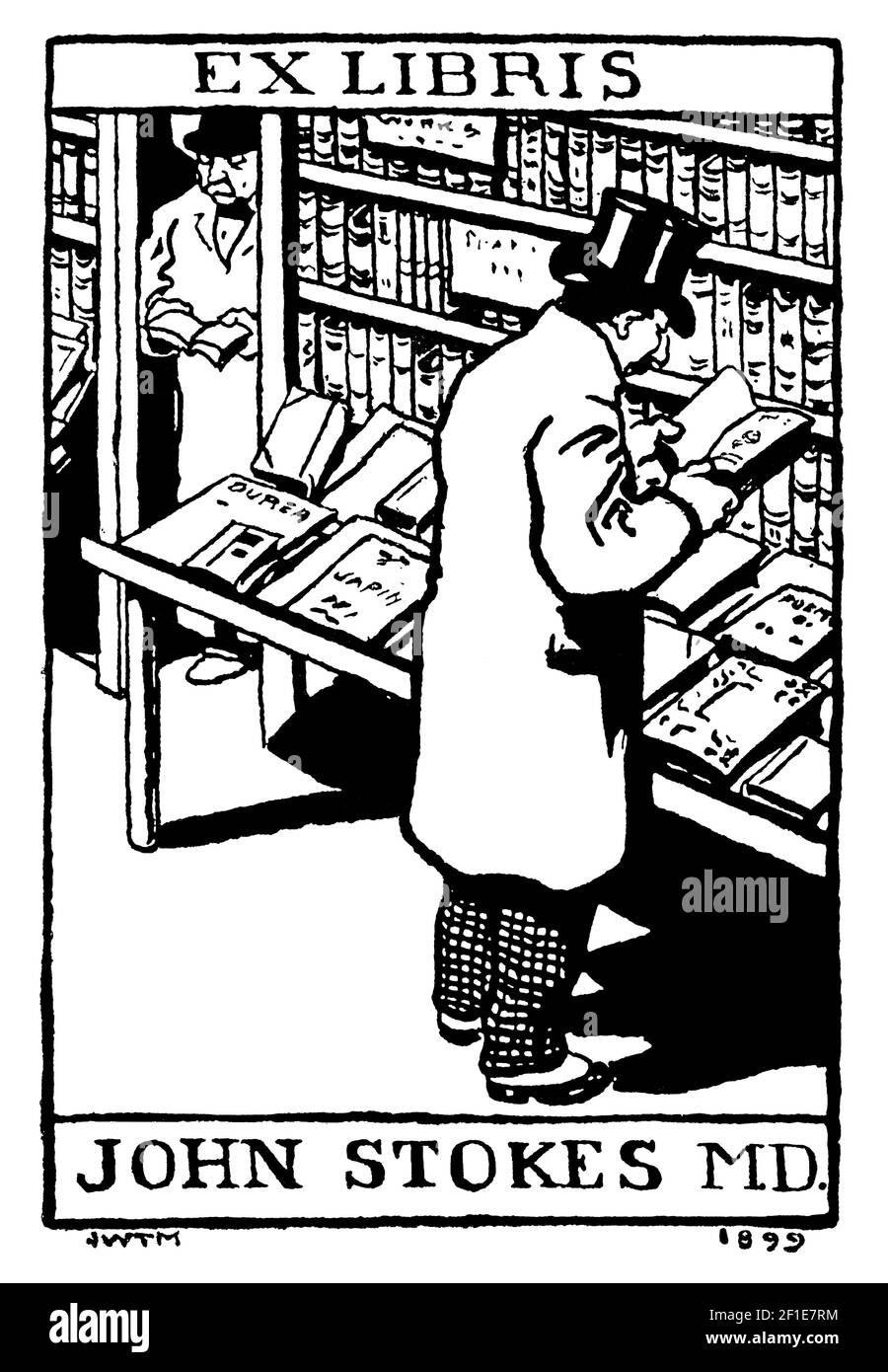 1899 bookshop interior bookplate progettato per il dottor John Stokes M.D. dal realista J W T Manuel Foto Stock