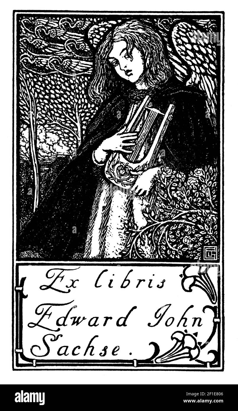 Edward John Sachse bookplate con motivo arpista donna disegnato da Scots artista, tipografo, incisore di legno e stampante, James Guthrie Foto Stock