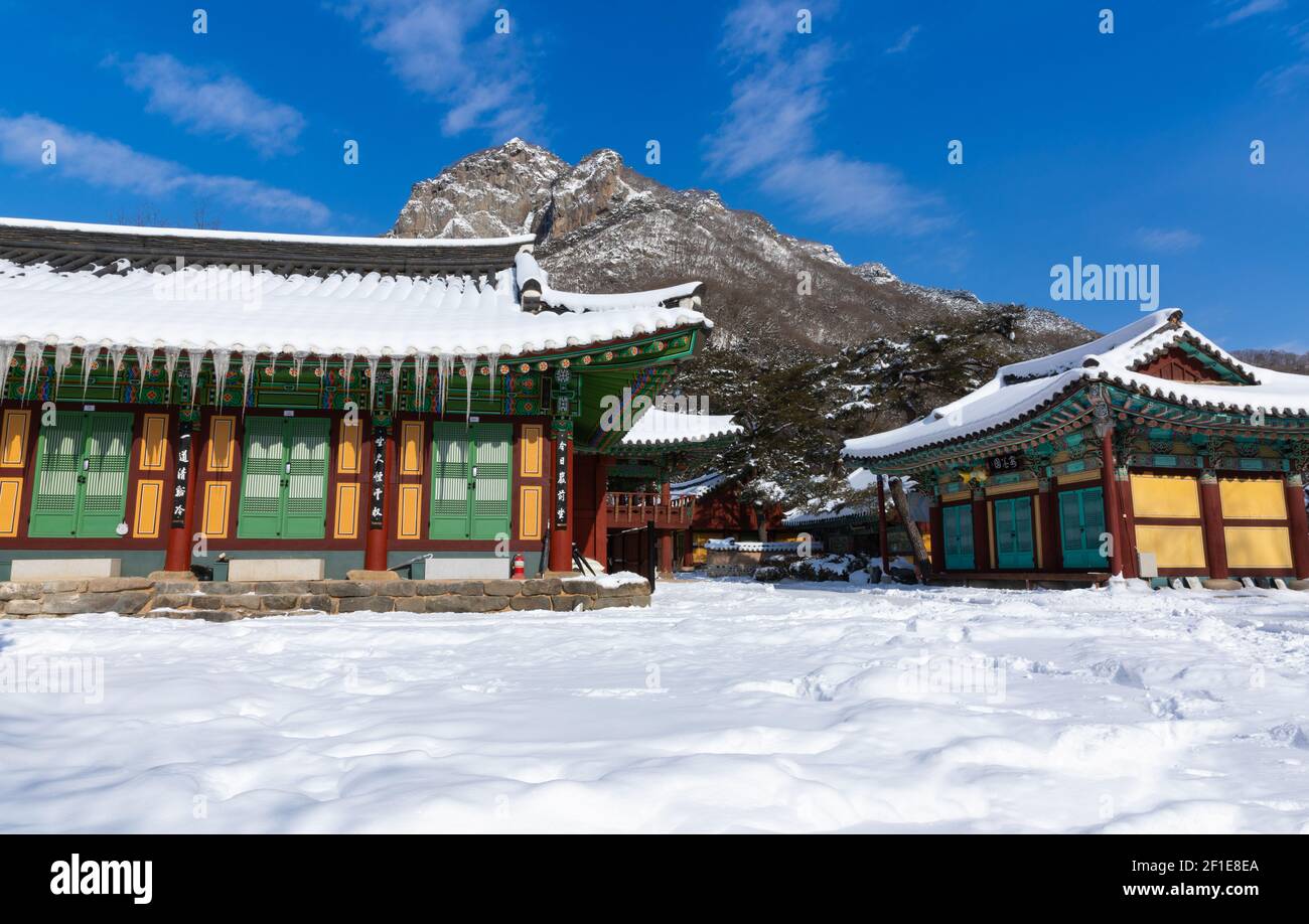 Snowy Baekyangsa Tempio, paesaggio invernale in Corea del Sud. Foto Stock