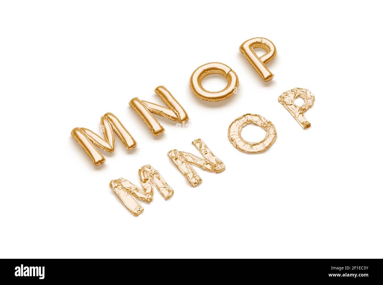 Lettere M N o P in oro sgonfio, carattere bollatura, rendering 3d. Carattere mylar maiuscolo per la festa di celebrazione. Lettera d'oro dell'aria o dell'elio per Foto Stock