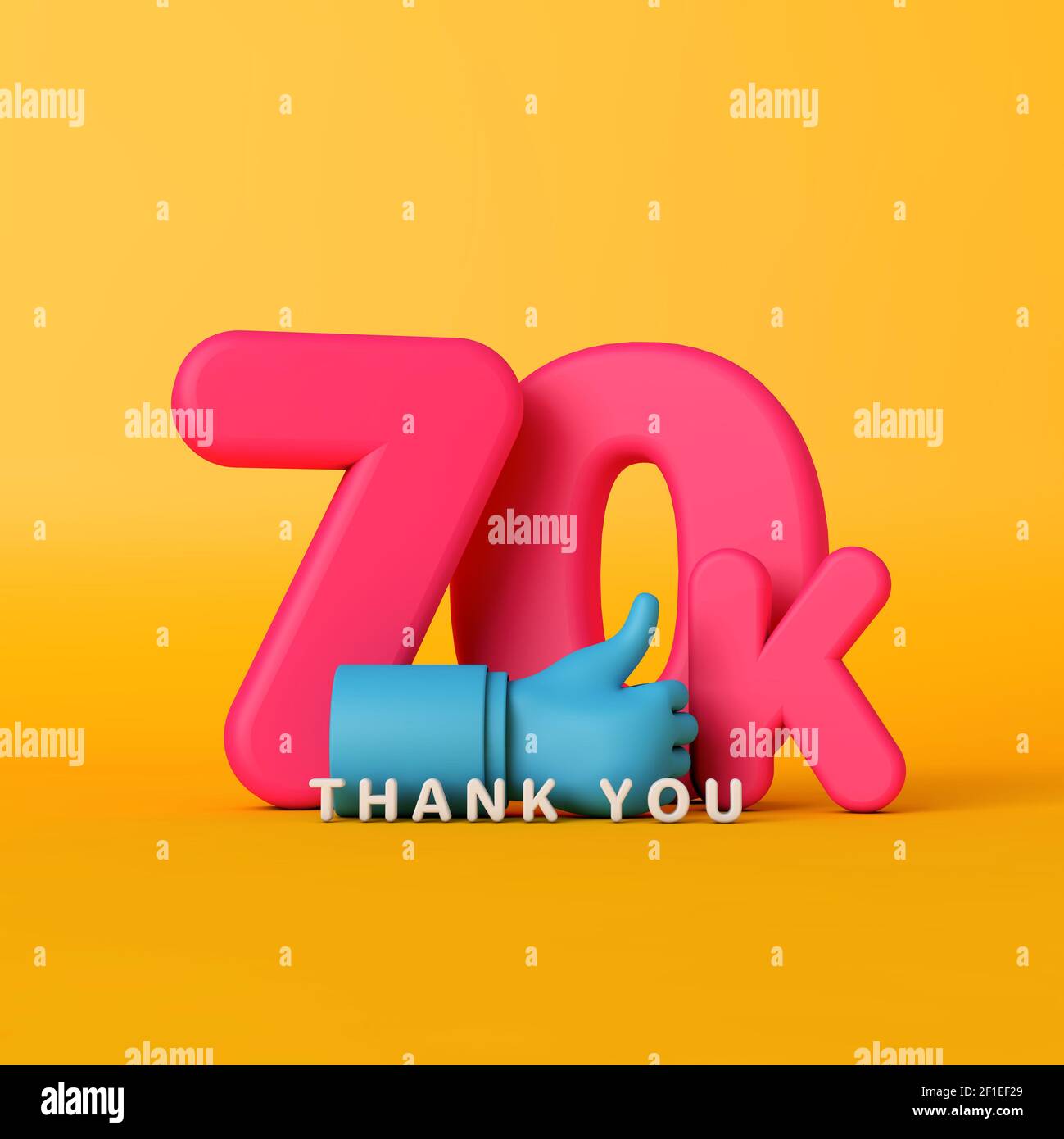 Grazie 70 mila seguaci. Banner sui social media. Rendering 3D Foto Stock