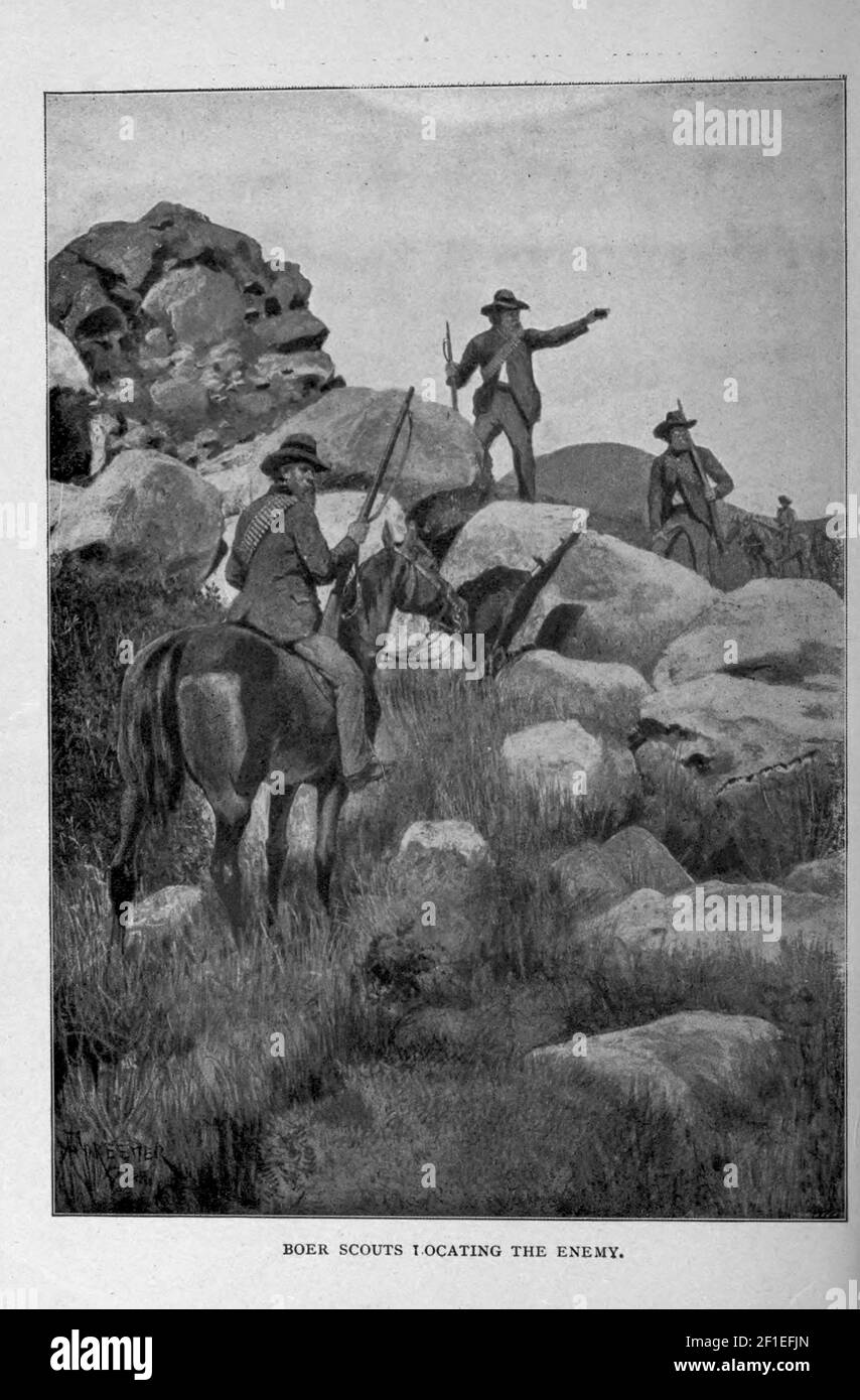 Boer Scouts localizzare l'Enemy dal libro ' Boer and Bridisher in Sud Africa; Una storia della guerra boera-britannica e delle guerre per il Sud Africa Unito, insieme alle biografie dei grandi uomini che hanno fatto la storia del Sud Africa ' da Neville, John Ormond pubblicato da Thompson & Thomas, Chicago, USA nel 1900 Foto Stock