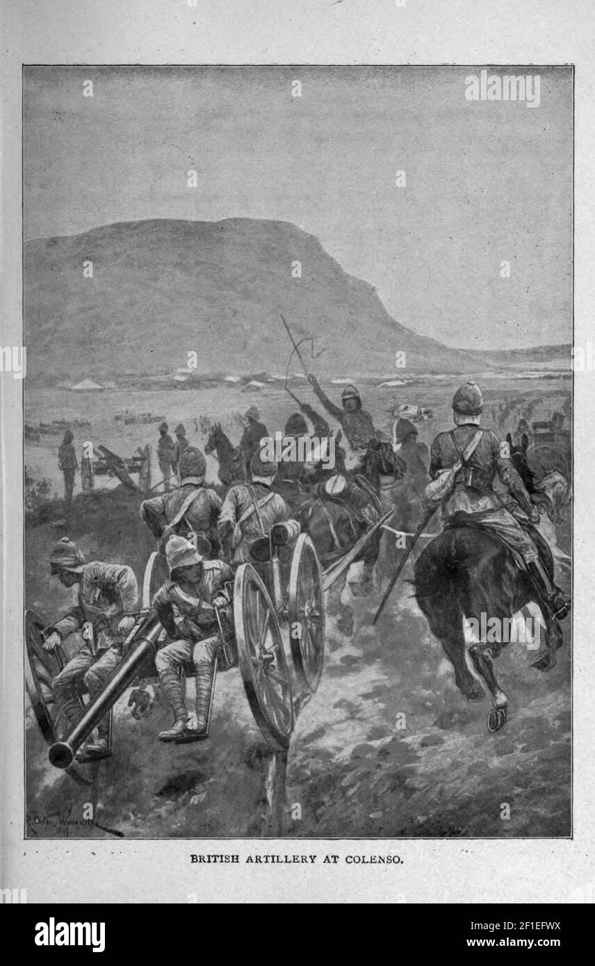 Artiglieria britannica a Colenso, Natal dal libro ' Boer and Brittisher in Sudafrica; Una storia della guerra boera-britannica e delle guerre per il Sud Africa Unito, insieme alle biografie dei grandi uomini che hanno fatto la storia del Sud Africa ' da Neville, John Ormond pubblicato da Thompson & Thomas, Chicago, USA nel 1900 Foto Stock