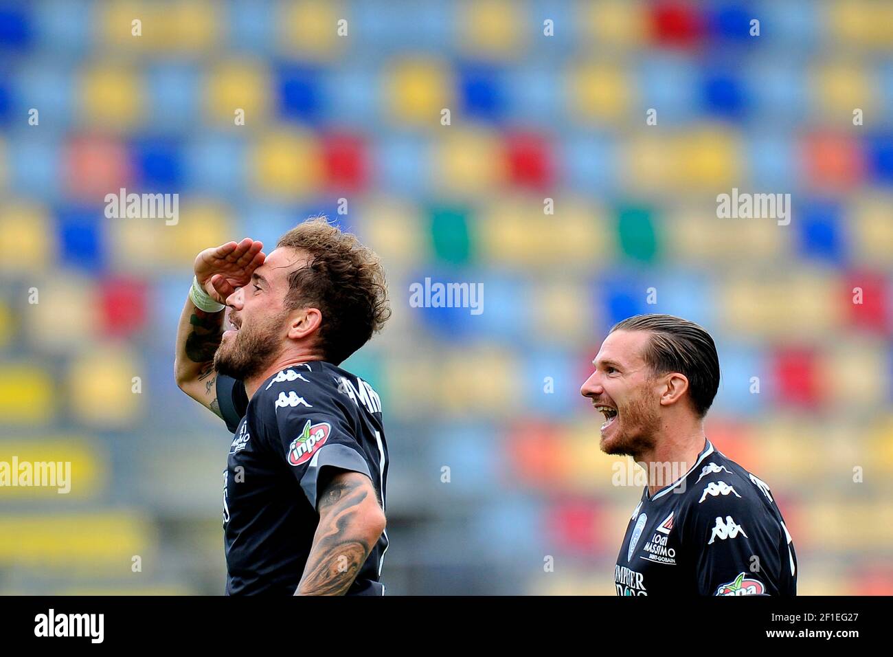 Andrea la Mantia - Riccardo Fiamozzi giocatore di Empoli, durante la prima partita del campionato italiano di calcio Serie B tra Frosinone - Empoli Foto Stock