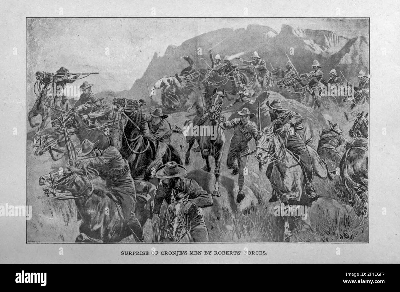 Sorpresa degli uomini di Cronje da parte delle forze di Roberts del libro ' Boer and Brisher in Sudafrica; Una storia della guerra boera-britannica e delle guerre per il Sud Africa Unito, insieme alle biografie dei grandi uomini che hanno fatto la storia del Sud Africa ' da Neville, John Ormond pubblicato da Thompson & Thomas, Chicago, USA nel 1900 Foto Stock