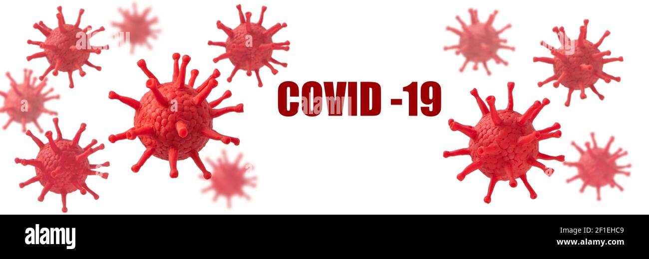 Banner medico orizzontale lungo delle cellule del coronavirus. Immagine 3d dei virioni Covid-19. Foto Stock