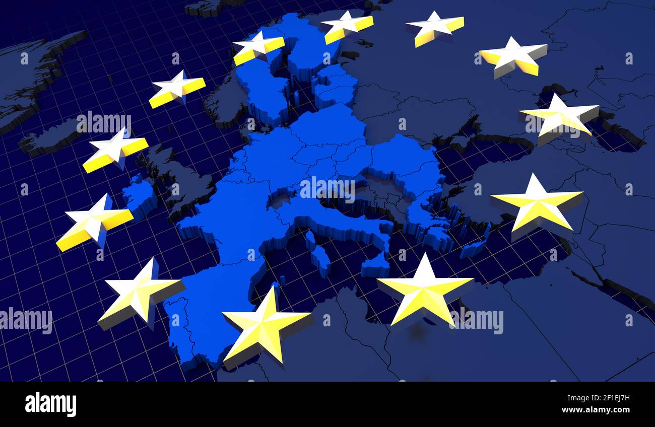 Paesi dell'Unione europea, mappa e bandiera - illustrazione in 3D Foto