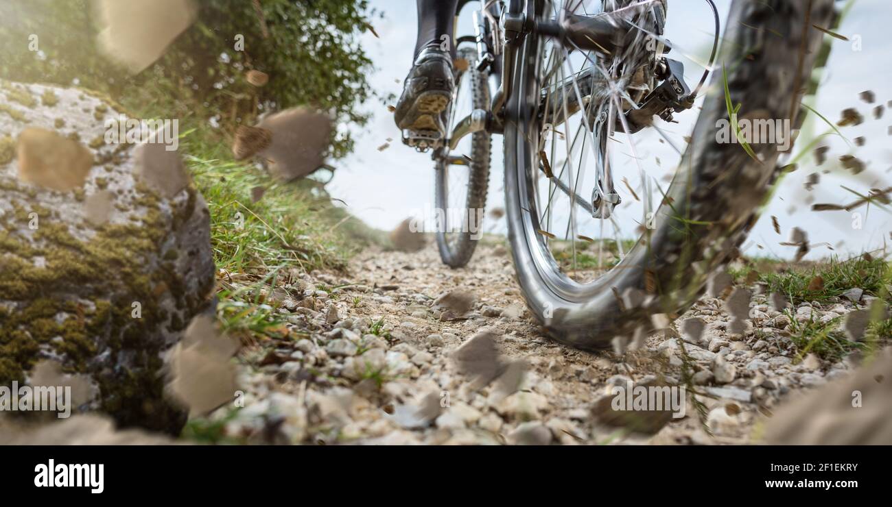 Ruota per mountain bike su una pista di ghiaia Foto Stock