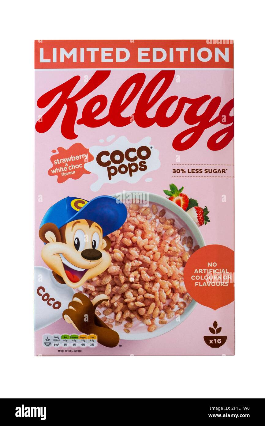 Scatola in edizione limitata Kellogg cocco pops fragola & bianco choc sapore isolato su sfondo bianco - scatola cereali, pacchetto cereali, cereali, Kelloggs Foto Stock