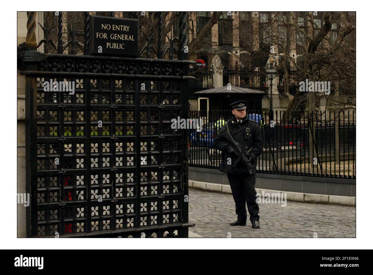 I poliziotti armati si levano in piedi la guardia fuori della Camera dei Comuni AS La legislazione antiterrorismo è discussa in parlamento a Londra.pic David Sandison 11/3/2004 Foto Stock