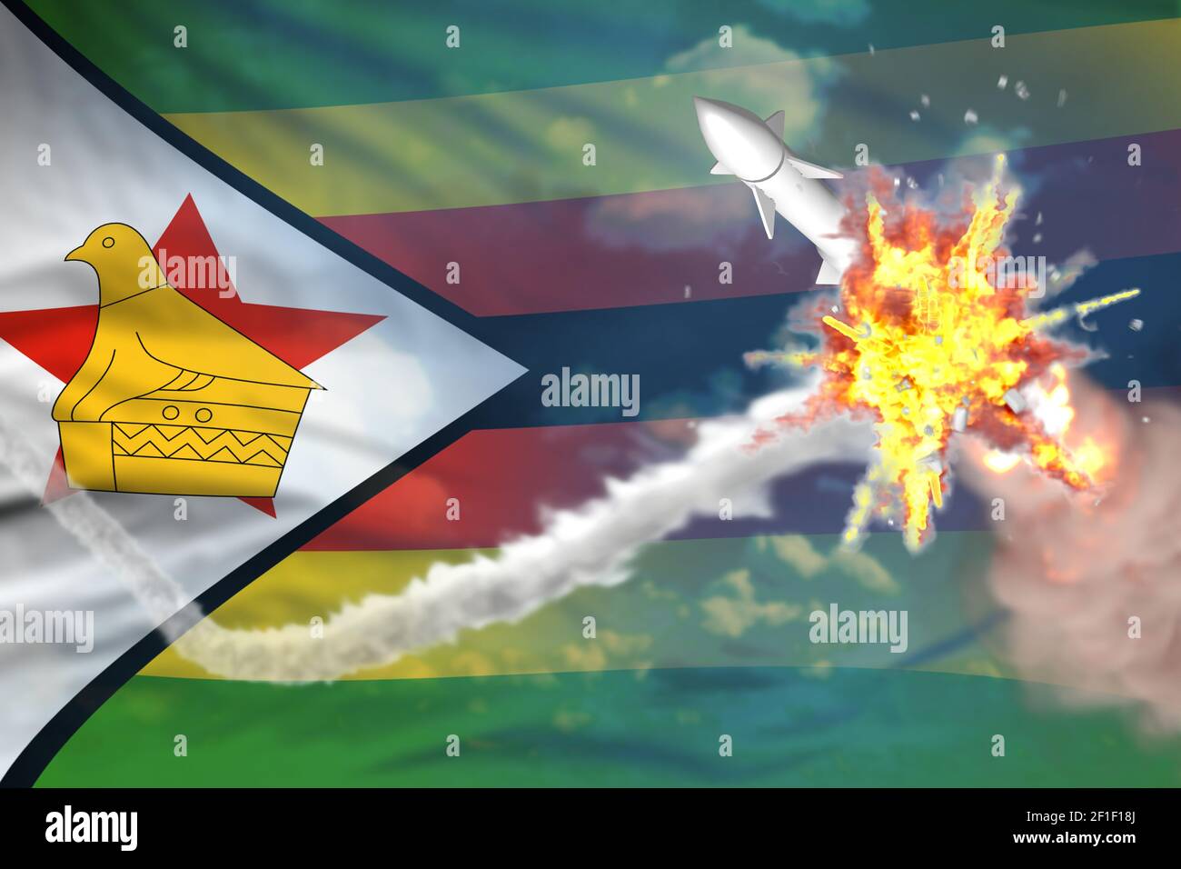 Zimbabwe intercettato missile nucleare, moderno antirocket distrugge il concetto di missile nemico, militare industriale 3D illustrazione con bandiera Foto Stock