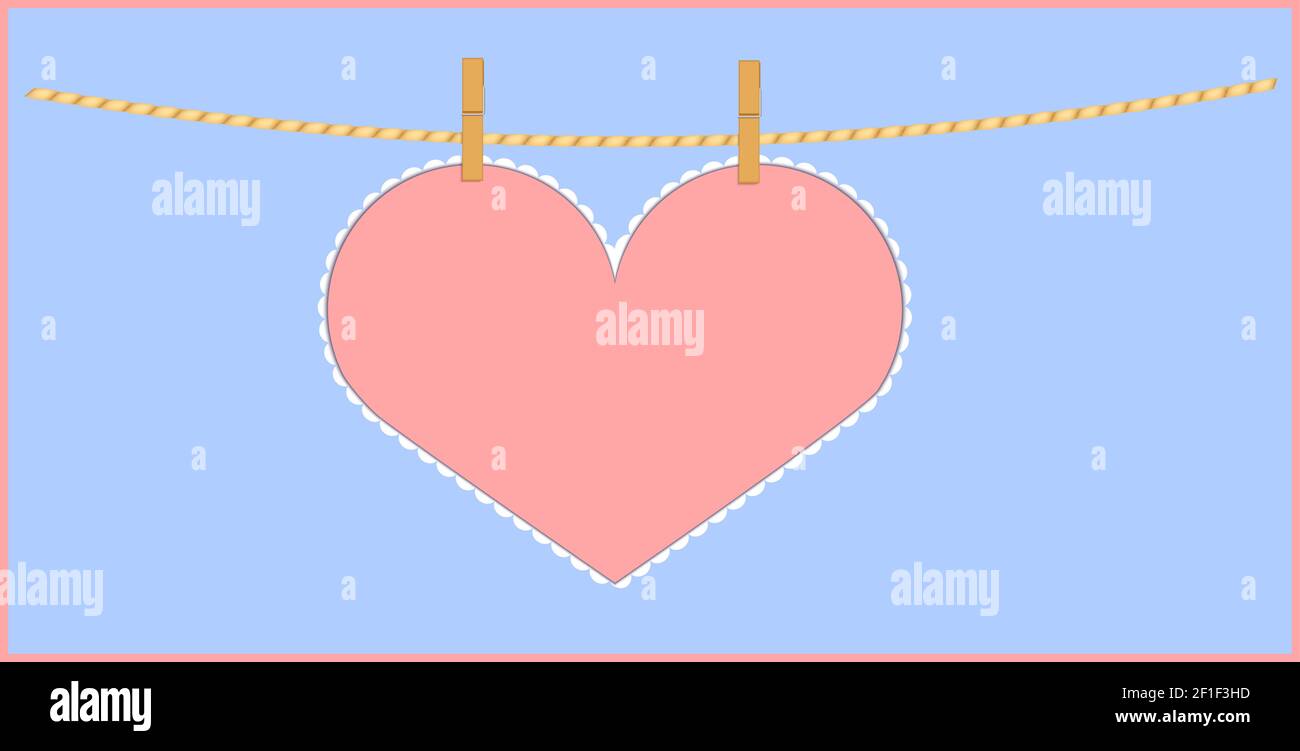 Nota di carta rosa a forma di cuore appesa con stendiabiti su corda. Illustrazione vettoriale con spazio di copia su sfondo bianco. Biglietto d'auguri per San Valentino o Illustrazione Vettoriale