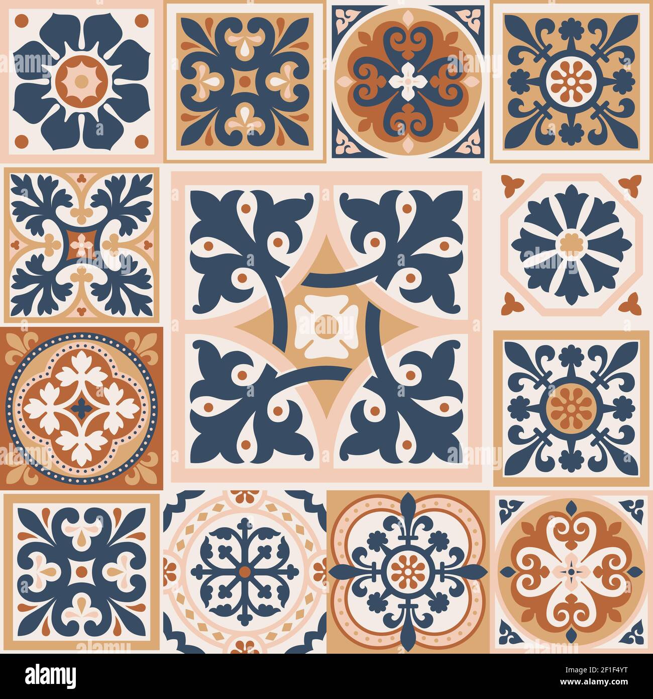 Set di piastrelle da pavimento in azulejo a motivi geometrici. Sfondo geometrico astratto. Illustrazione vettoriale, modello mediterraneo senza giunture. Piastrelle portoghesi azule Illustrazione Vettoriale