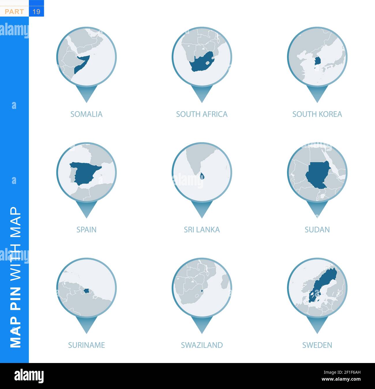 Raccolta di cartografia con mappa dettagliata e paesi vicini, 9 cartografia di Somalia, Sudafrica, Corea del Sud, Spagna, Sri Lanka, Sudan, Suriname Illustrazione Vettoriale