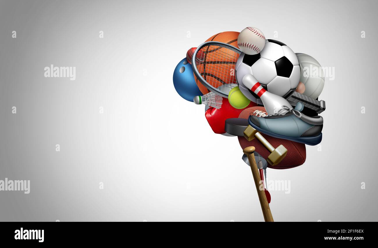 Pensare allo sport e al concetto di psicologia del cervello dello sport come un gruppo di attrezzature per esercizi modellati come un organo umano per la salute mentale psicologica. Foto Stock