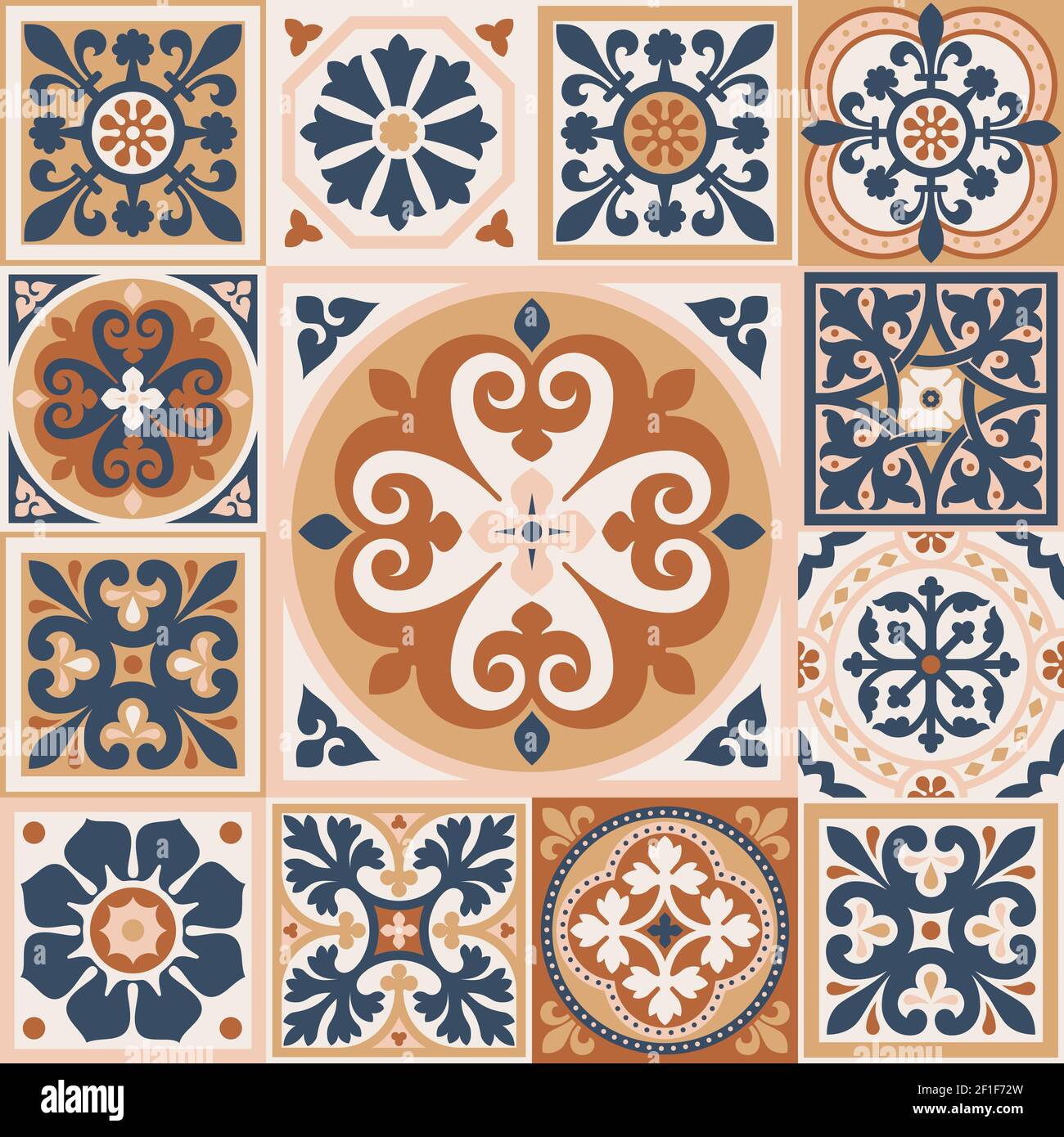 Set di piastrelle da pavimento in azulejo a motivi geometrici. Sfondo geometrico astratto. Illustrazione vettoriale, modello mediterraneo senza giunture. Piastrelle portoghesi azule Illustrazione Vettoriale