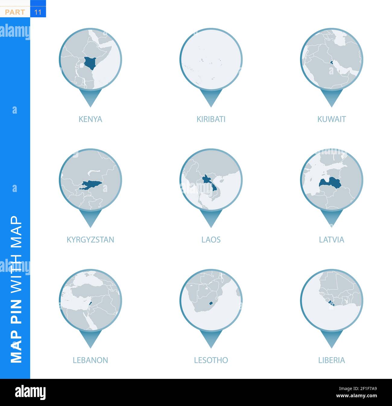 Raccolta di cartografia con mappa dettagliata e paesi vicini, 9 cartografia di Kenya, Kiribati, Kuwait, Kirghizistan, Laos, Lettonia, Libano, Lesotho, Illustrazione Vettoriale