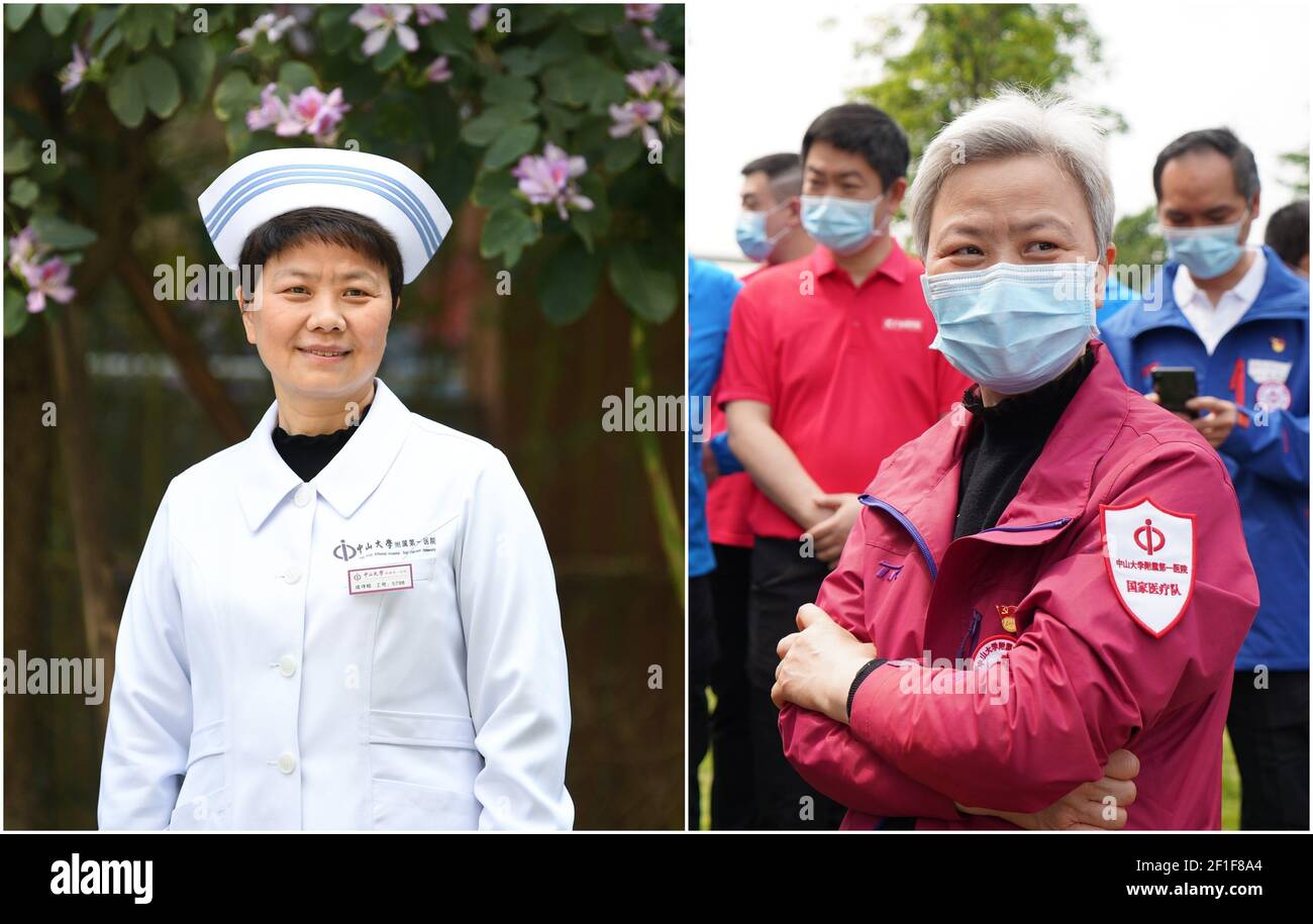 (210308) -- GUANGZHOU, 8 marzo 2021 (Xinhua) -- In questa foto combinata, la parte sinistra presa dal fotografo Xinhua Deng Hua il 2 marzo 2021 mostra che Cheng Shouzhen indossa una parrucca per coprire i suoi capelli bianchi in posa per una foto al primo ospedale affiliato dell'Università Sun Yat-sen di Guangzhou, provincia del Guangdong della Cina meridionale; E la parte destra mostra che Cheng torna da Wuhan dopo aver offerto assistenza medica lì il 17 aprile 2020. Durante la pandemia COVID-19 a Wuhan, Cheng Shouzhen ha guidato oltre 130 membri del team del primo ospedale affiliato dell'Università Sun Yat-sen per offrire assistenza medica. AF Foto Stock