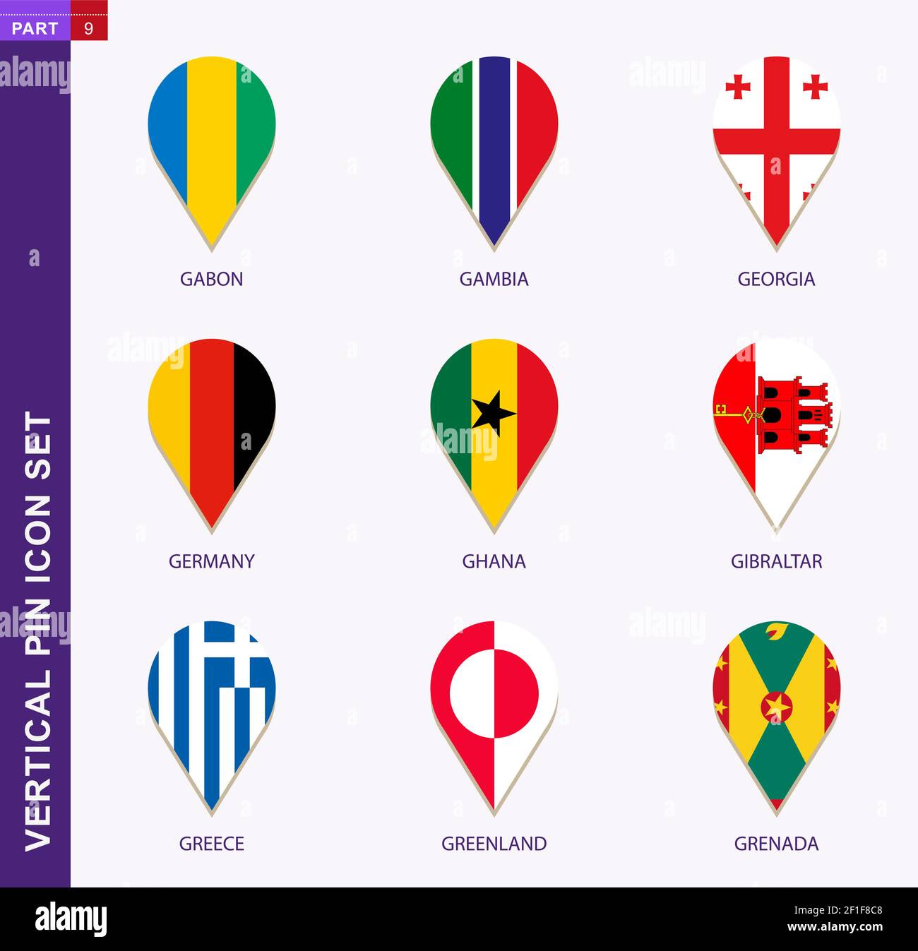 Set di icone a pin verticale, 9 bandiere nazionali: Gabon, Gambia, Georgia, Germania, Ghana, Gibilterra, Grecia, Groenlandia, Grenada Illustrazione Vettoriale