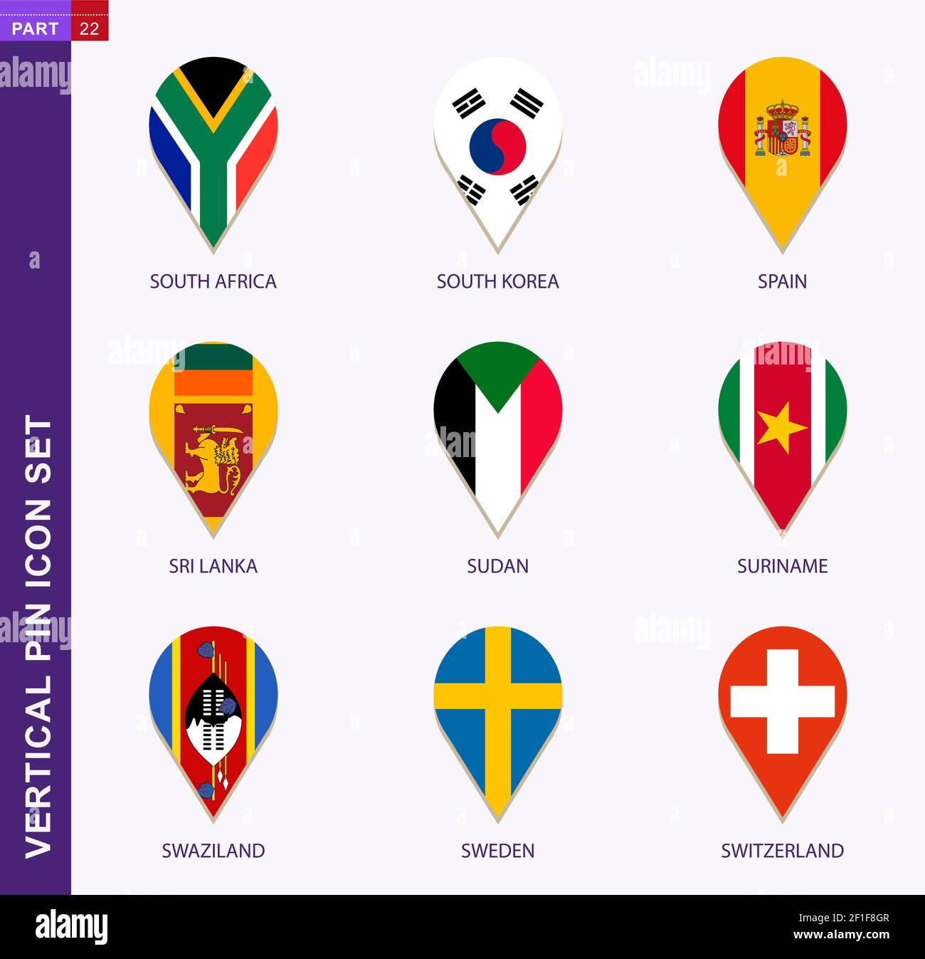 Set di icone a pin verticale, 9 bandiere nazionali: Sudafrica, Corea del Sud, Spagna, Sri Lanka, Sudan, Suriname, Swaziland, Svezia, Svizzera Illustrazione Vettoriale