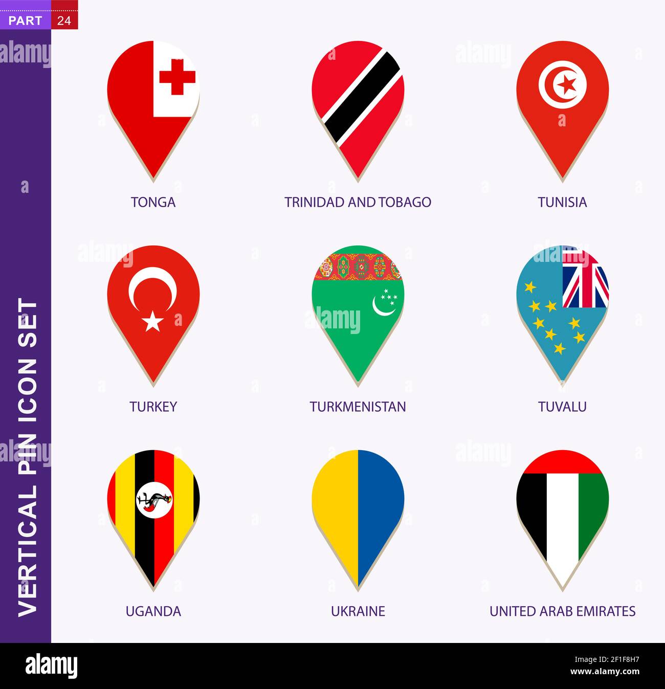 Set di icone a pin verticale, 9 bandiere nazionali: Tonga, Trinidad e Tobago, Tunisia, Turchia, Turkmenistan, Tuvalu, Uganda, Ucraina, Emirati Arabi Uniti Illustrazione Vettoriale