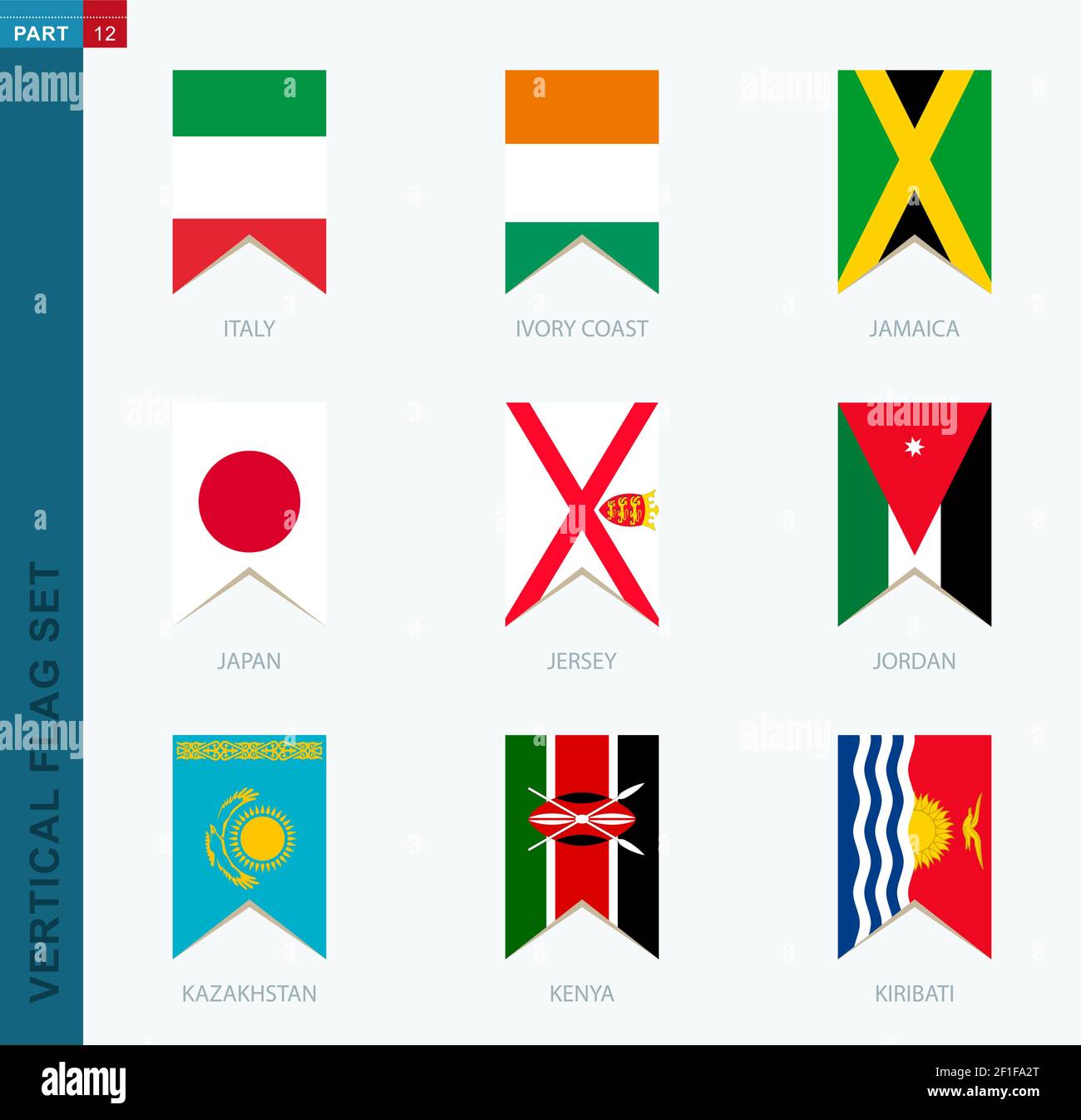 Set di nove allarmi verticali vettoriali. Icona verticale con bandiera di Italia, Costa d'Avorio, Giamaica, Giappone, Jersey, Giordania, Kazakistan, Kenya, Kiribati Illustrazione Vettoriale