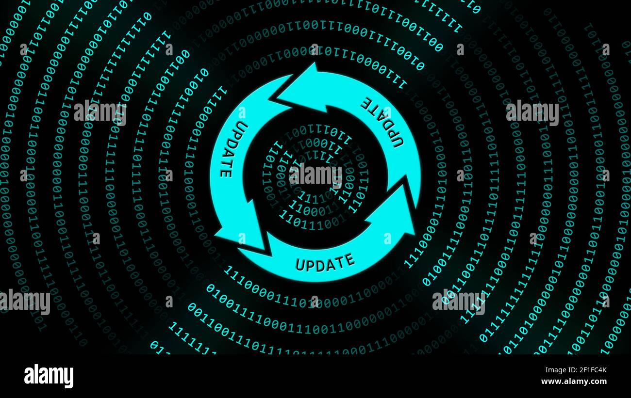 AGGIORNARE la scritta al segno di aggiornamento al centro delle linee circolari - elementi grafici turchesi su sfondo nero - Software Aggiornare il programma del computer Foto Stock