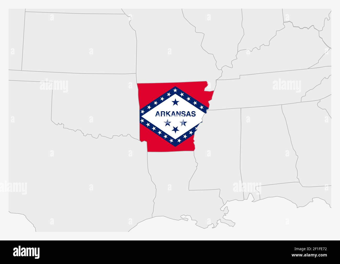 Mappa DELLO stato DEGLI STATI UNITI dell'Arkansas evidenziata in colori della bandiera dell'Arkansas, mappa grigia con gli stati vicini degli stati uniti. Illustrazione Vettoriale