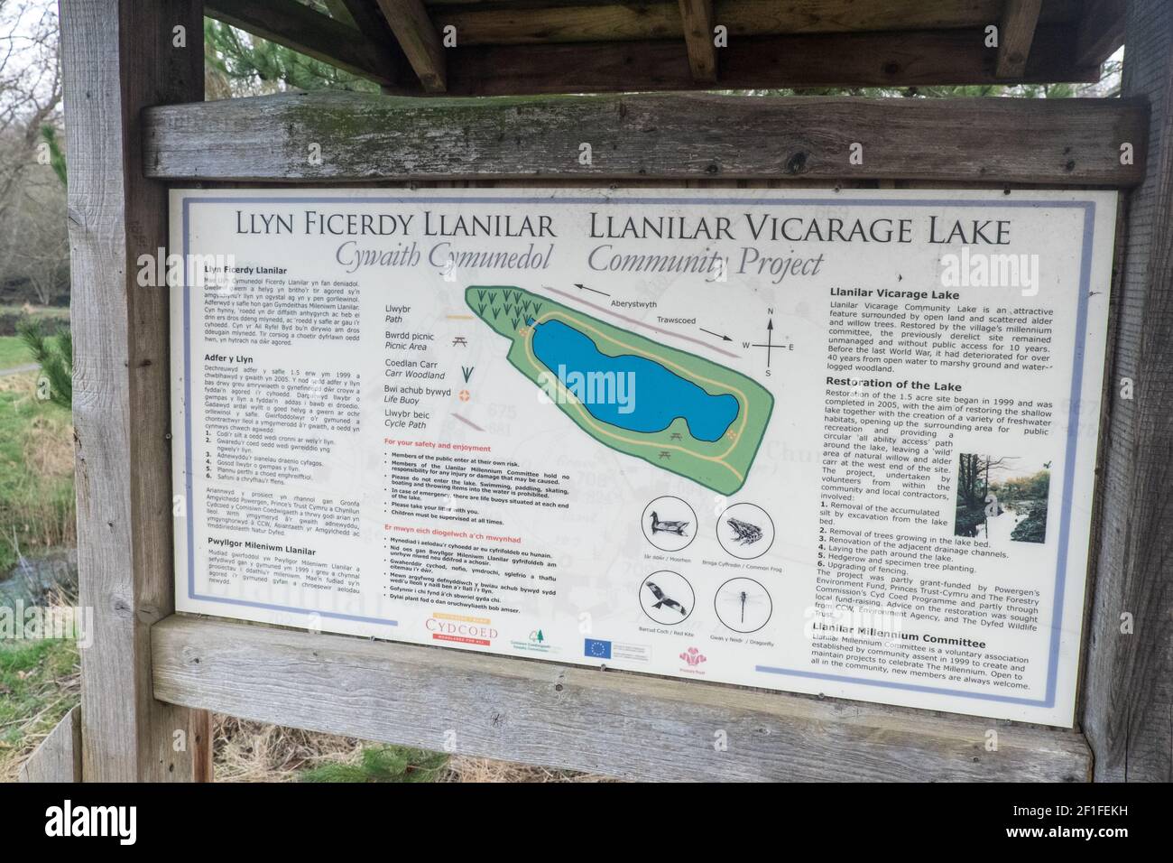 Llanilar Vicarage Lake, progetto comunitario, migliorato, desolato, in, villaggio di Llanilar, Ceredigion. Il lago ha un sacco di fauna selvatica e un grande, insetto, bug hotel. Nelle vicinanze si trova lo Ystwyth Trail, un 21 miglia, 34 km, percorso multiuso, utilizzato, da cani escursionisti, escursionisti, ciclisti, joggers, e in parte a cavallo, per i cavalieri. L'ex linea di sentiero collega la città costiera studentesca di Aberystwyth, ON, Cardigan Bay, a Tregaron, entrambi, in Ceredigion. Il sentiero è prevalentemente lungo il fiume Ystwtyh. Fotografia scattata tra il villaggio di Llanilar e Transgoed,rurale,campagna,scenario,Ceredigon,Galles,Galles,UK,GB, Foto Stock