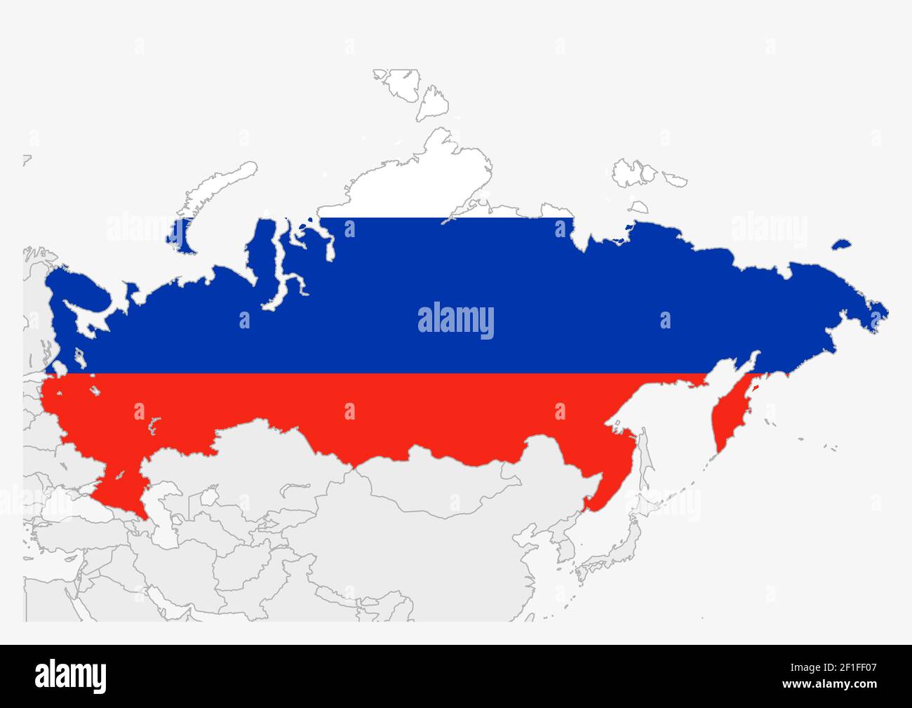 Mappa della Russia evidenziata in colori della bandiera della Russia, mappa grigia con i paesi vicini. Illustrazione Vettoriale