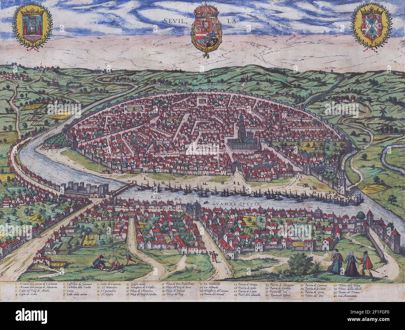 Siviglia, Andalusia, Spagna. Dalla parte IV dell'atlante delle città di Braun & Hogenberg, Civitates Orbis Terrarum, o Città del mondo. Il titolo della parte IV era Urbium praecipuarum totius mundi - liber quartus, ed è stato pubblicato per la prima volta nel 1588. Foto Stock