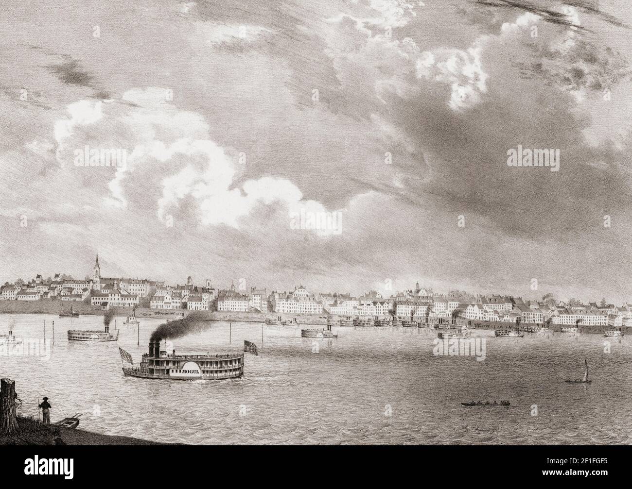 St. Louis, Missouri, Stati Uniti d'America all'inizio del XIX secolo, con piroscelli a pale sul fiume Mississippi. Litografia di T. Moore dopo un lavoro di E.W. Giocatore. Foto Stock