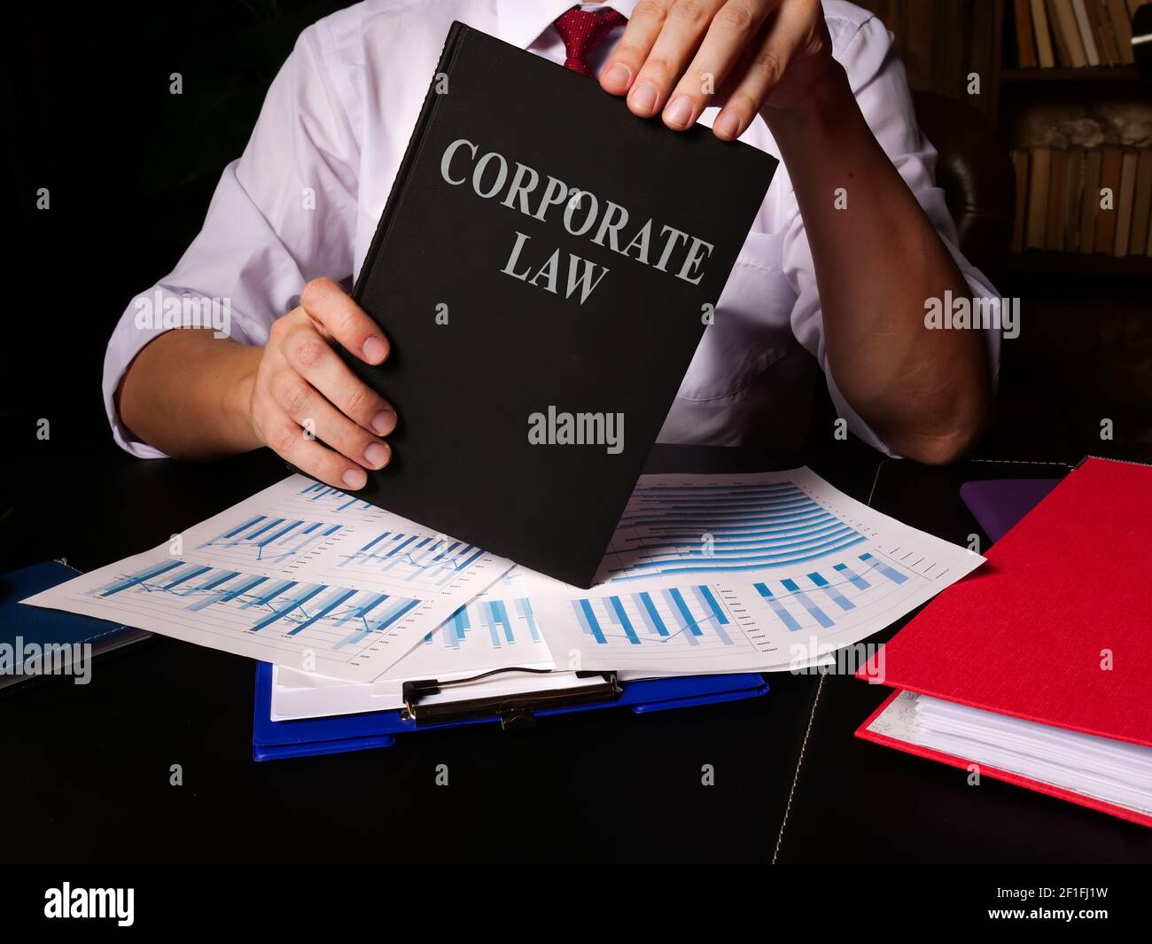 L'uomo propone il libro di diritto societario in ufficio. Foto Stock