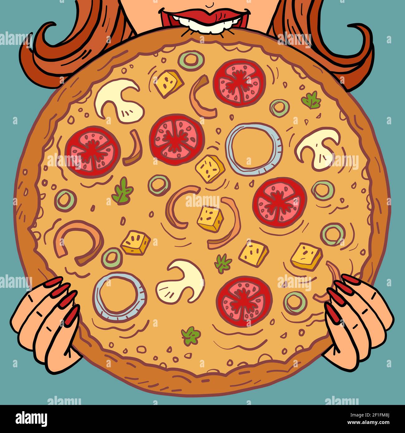 una donna mangia. funghi pizza pomodori. consegna cibo ristorante Illustrazione Vettoriale