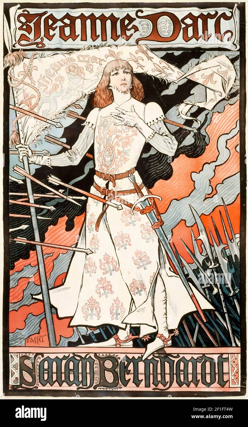 Sarah Bernhardt come Giovanna d'Arco (Jeanne d'Arc) di Eugène Grasset, fotoincisione in quattro colori, 1889-1894 Foto Stock