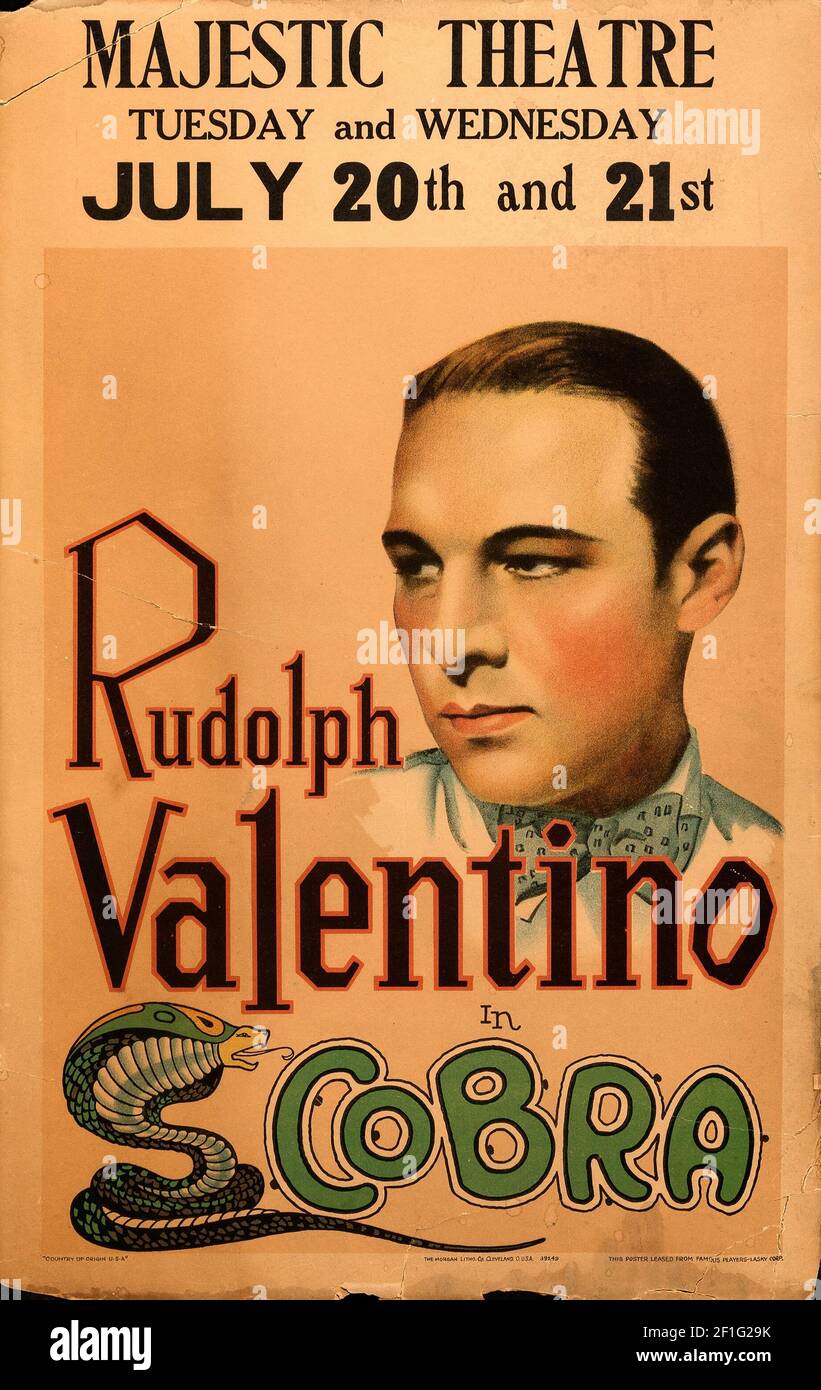 Rudolph Valentino a Cobra. Cartellone/cartello Majestic Theatre. Poster Vintage Movie, stile classico. 1925. Foto Stock