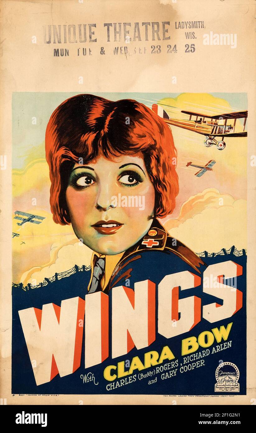 Wings è un film muto statunitense del 1927 e del 1929 noto per aver vinto il primo Oscar per il miglior film. Feat. Gary Cooper e Clara Bow. Foto Stock