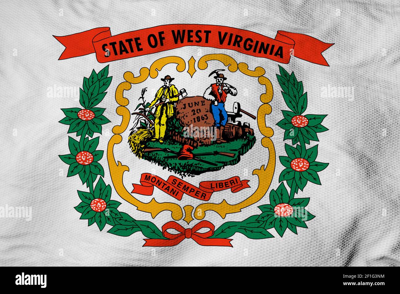 Primo piano di un fotogramma intero su una bandiera ondulata della West Virginia (USA) nel rendering 3D. Foto Stock