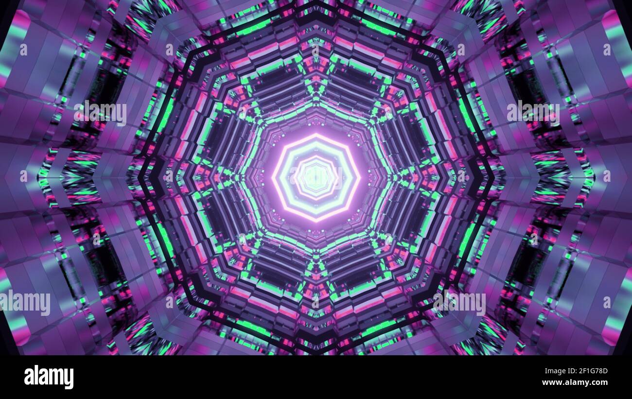 Uno sfondo futuristico con rendering 3D con luci al neon colorate e. modelli di movimento tunnel Foto Stock