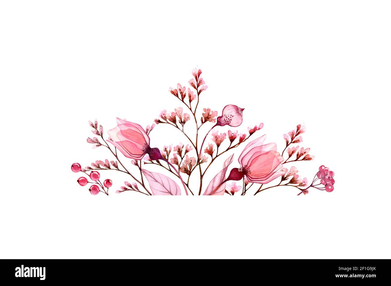 Banner floreale acquerello. Fiori e foglie di rosa trasparenti. Sfondo astratto con luogo per il testo. Illustrazione disegnata a mano isolata per il matrimonio Foto Stock