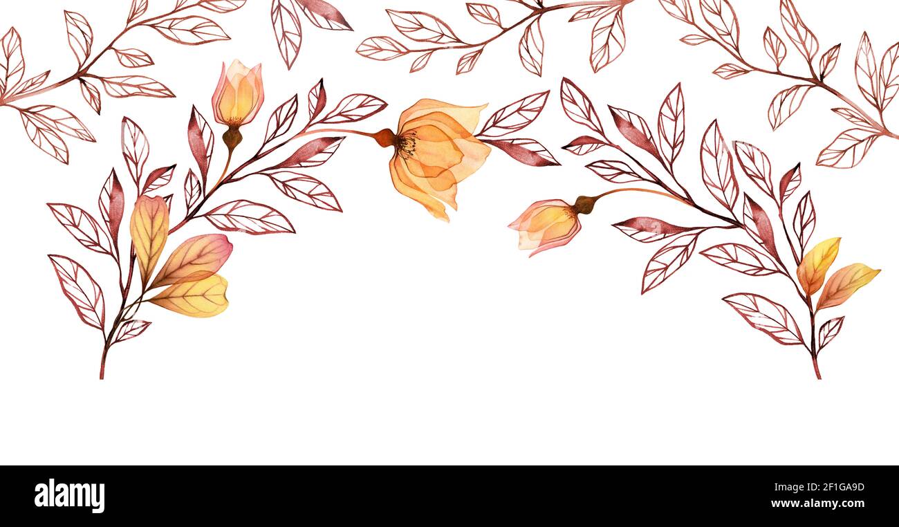 Banner rosa acquerello. Fiori gialli d'autunno con germoglio e foglie isolate su bianco. Arco floreale rotondo dipinto a mano. Illustrazione botanica per Foto Stock