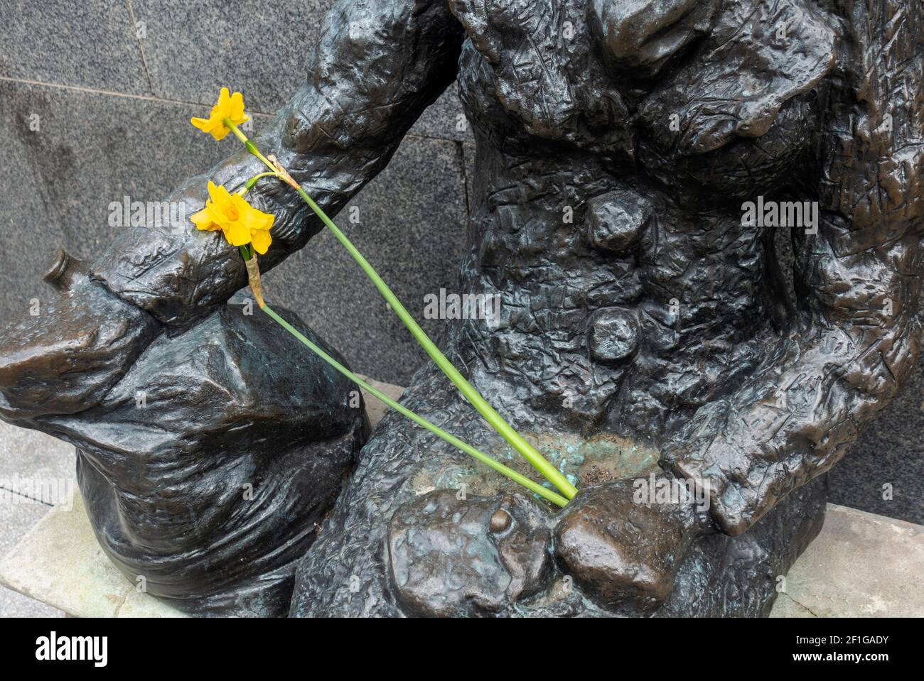 Eleanor Rigby che tiene daffodils (statua di Tommie Steele) Nel centro di Liverpool Foto Stock