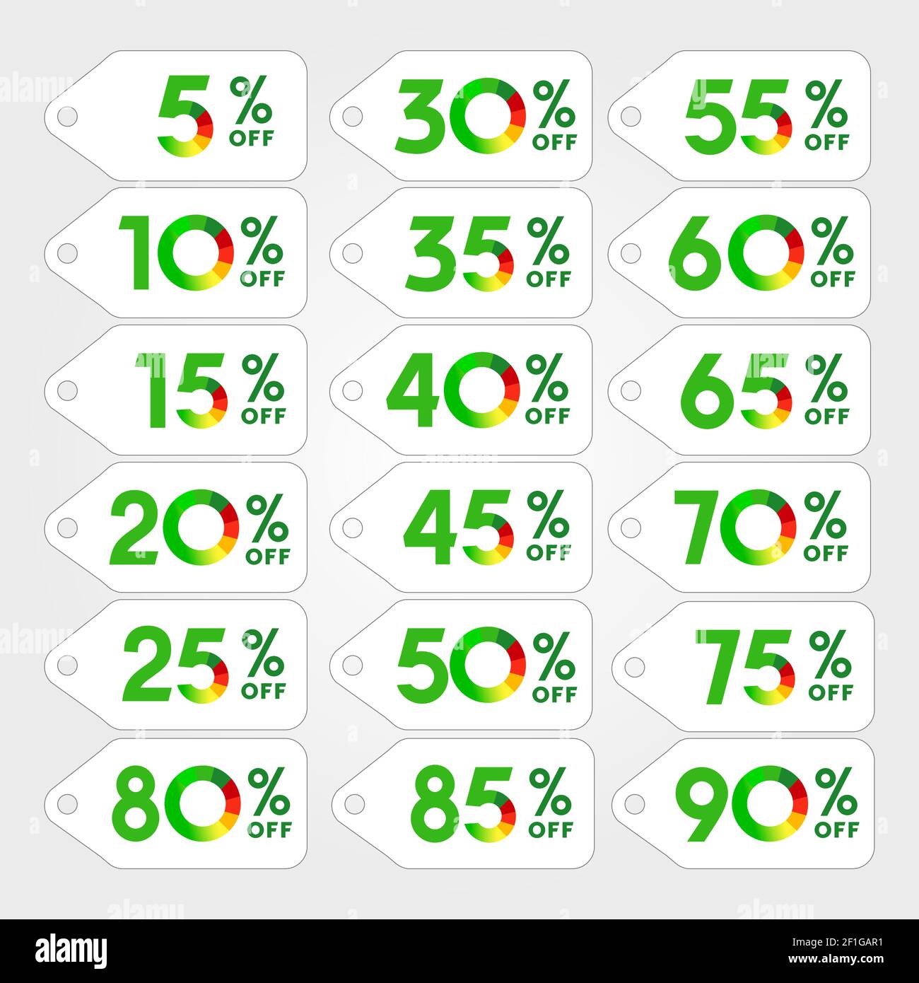 Set di sconti per vettori. Listino prezzi etichette logo con fustellatura. 5, 10, 15, 20, 25, 30th, 35th, 40th, 45th, 50th, 55°, 60°, 65°, 70°, Illustrazione Vettoriale