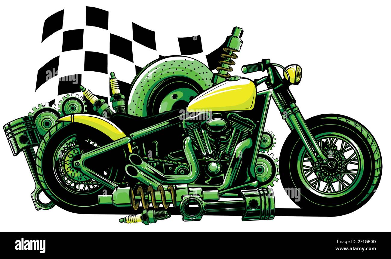 Moto Vector con parti di ricambio e bandiera da gara Illustrazione Vettoriale