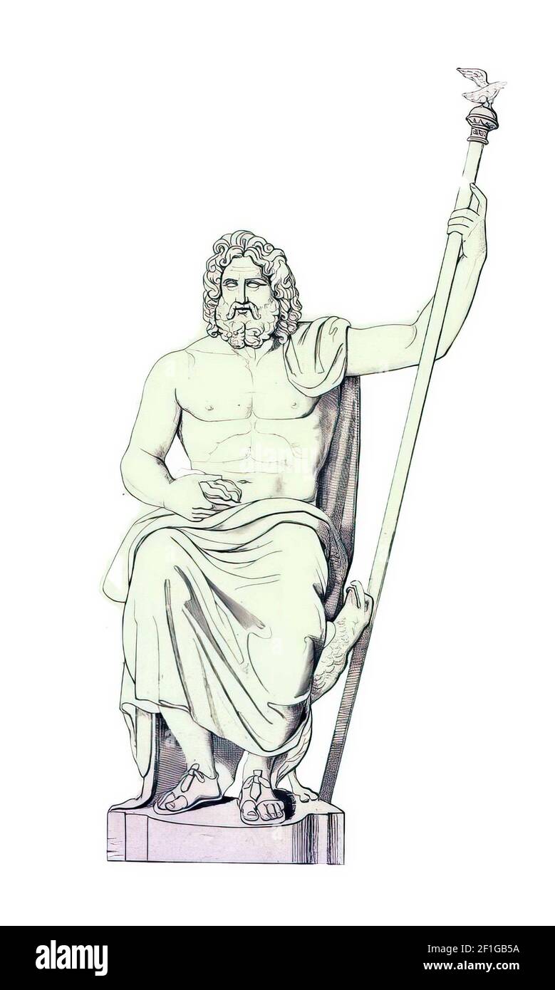 Un'illustrazione di Zeus seduto su un trono isolato uno sfondo bianco Foto Stock